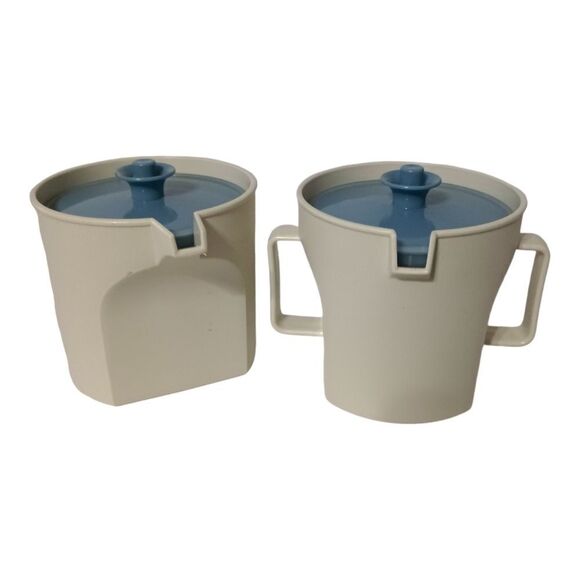 Tupperware Creamer Sugar Bowl Set Almond Blue Lids Retro 1415-2 & 1414-2 Vintage - Picture 11 of 16